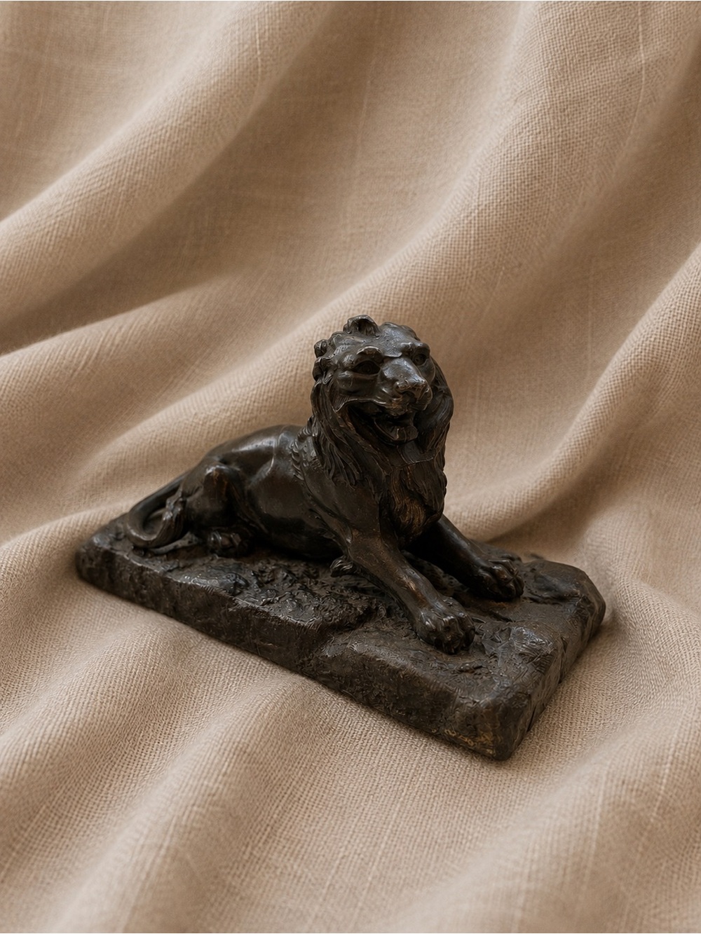 Antique French Reclining Lion Sculpture — Patinated Régule / Cast Metal